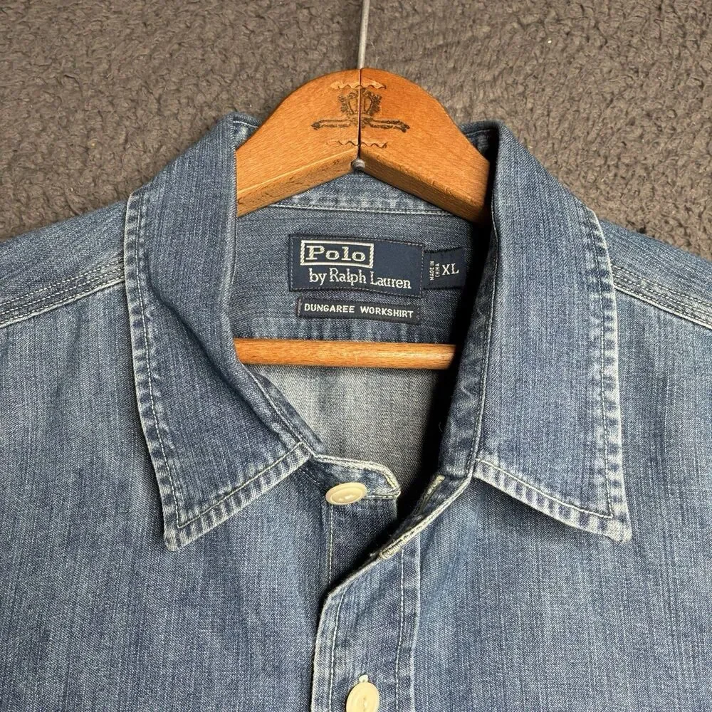Vtg Polo Ralph Lauren Vintage Dungaree Work Shirt XL 52” RRL Style Indigo Denim